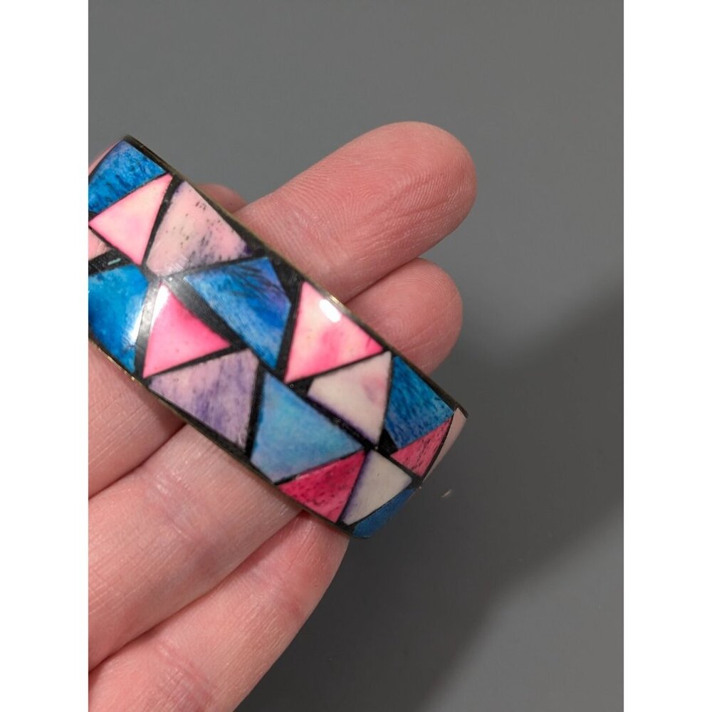 Vintage Brass Blue Pink Triangle Inlay Bangle Bracelet Tribal Boho small - Picture 6 of 9
